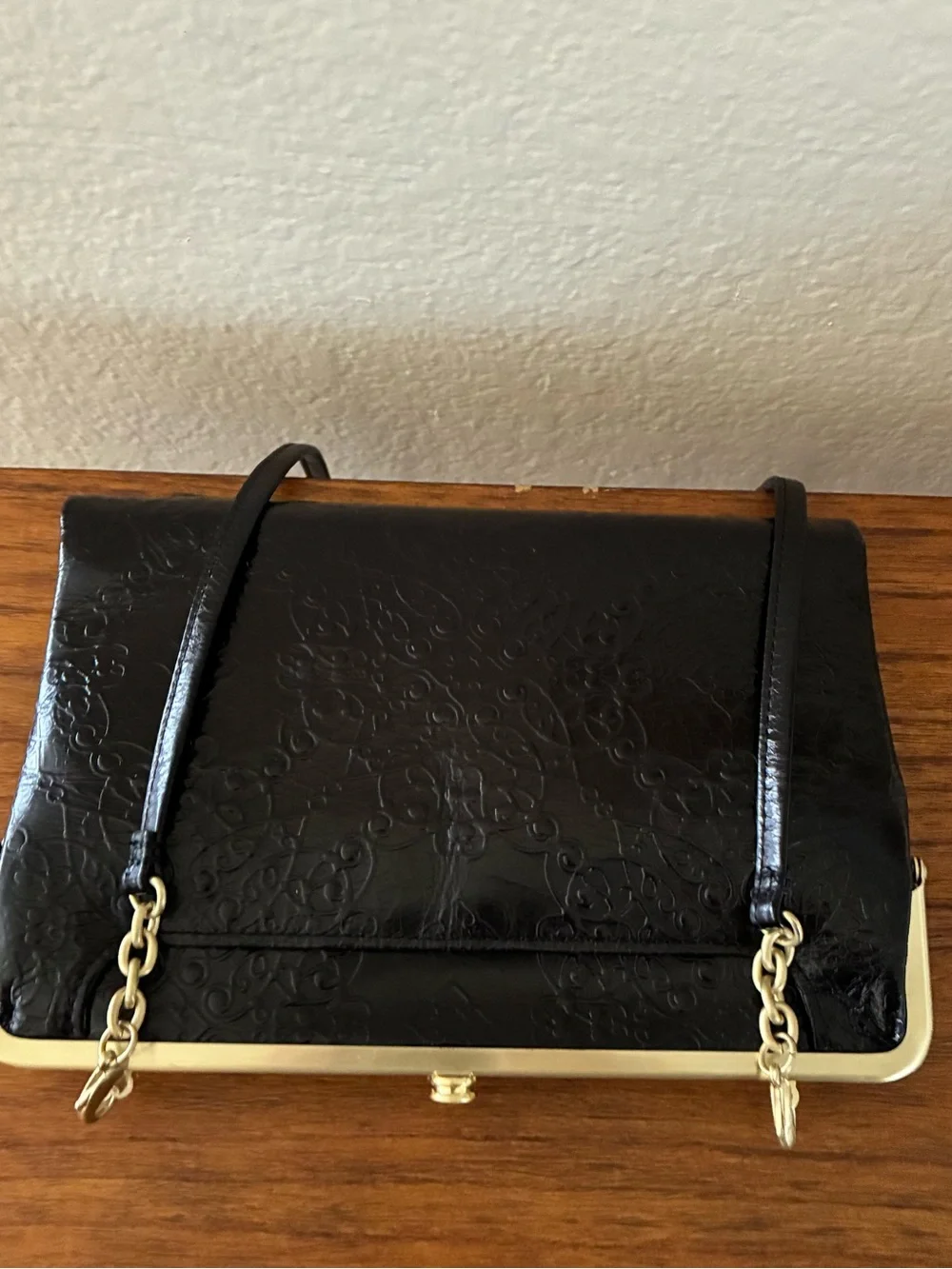 Hobo Black Embossed Leather Clutch / crossbody with matte Gold Trim